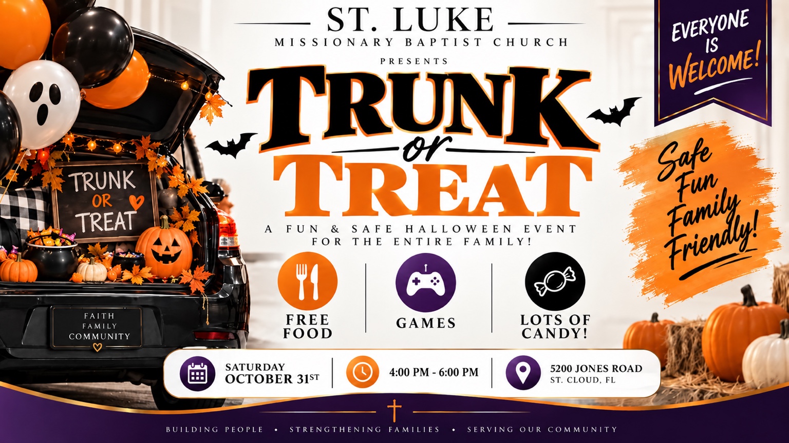 Saint Luke Trunk or Treat featuring free food, games, and candy